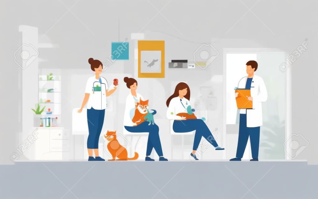 Veterinary and animal care concept. People and their pets visiting veterinarian clinic, holding sick cats and dogs in arms, waiting their turn at vet office. Flat vector illustration