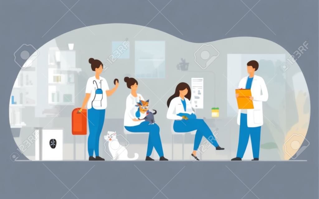 Veterinary and animal care concept. People and their pets visiting veterinarian clinic, holding sick cats and dogs in arms, waiting their turn at vet office. Flat vector illustration
