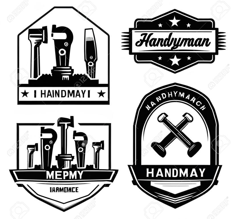 Different handyman logo flat icon set. Black vintage service badges with wrench and hammer for mechanic worker vector illustration collection. Construction and maintenance concept
