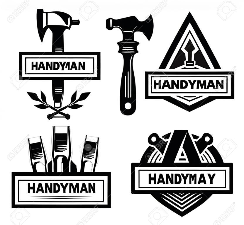 Verschillende handyman logo platte pictogram set. Zwarte vintage service badges met moersleutel en hamer voor monteur werknemer vector illustratie collectie. Bouw en onderhoud concept