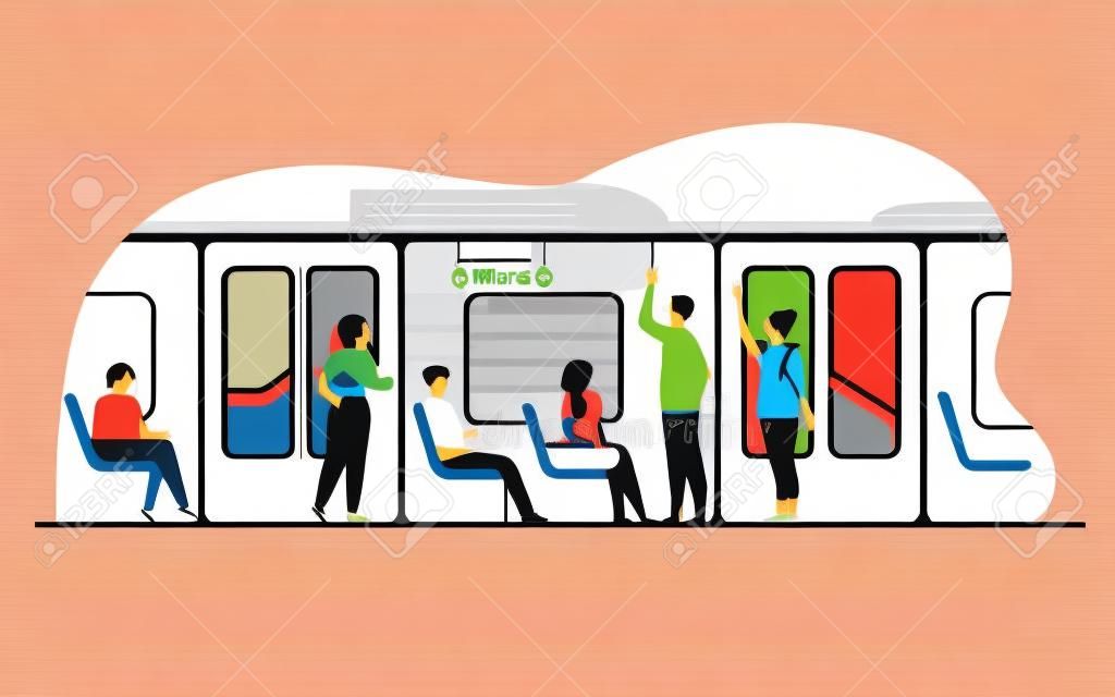 Personas de pie y sentadas en autobús o metro tren ilustración vectorial plana aislada. Caricatura de hombres y mujeres usando el metro. Destino y concepto de transporte público urbano