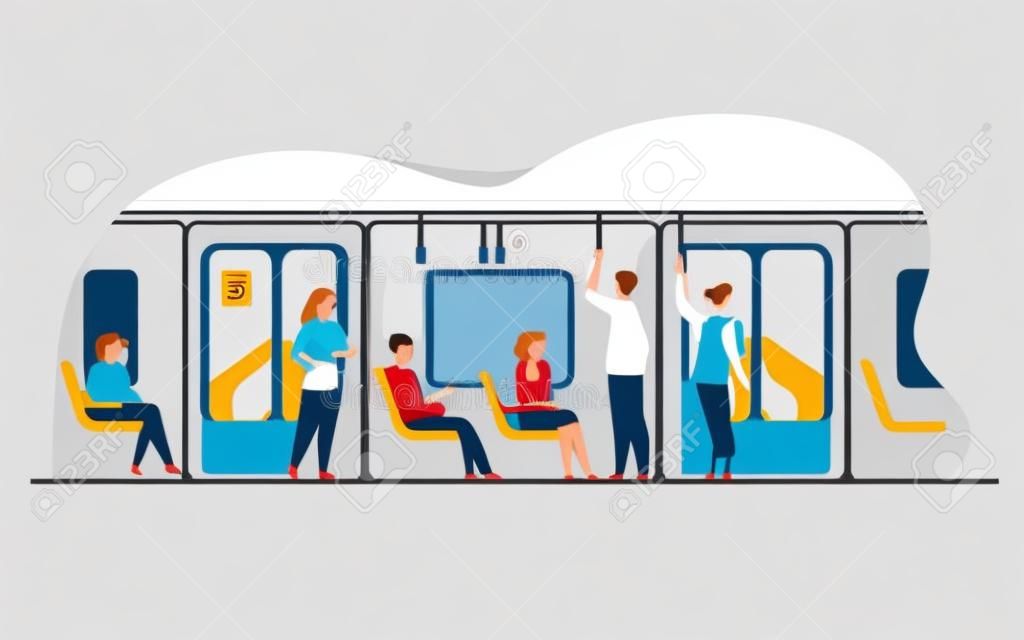 Ludzie stojący i siedzący w pociągu autobusu lub metra na białym tle ilustracji wektorowych płaski. kreskówka mężczyźni i kobiety korzystające z metra. koncepcja przeznaczenia i publicznego transportu miejskiego