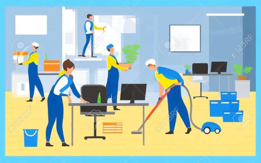 Professional janitors working in office isolated flat vector illustration. Cartoon cleaning team washing, holding stuff, removing dust, using vacuum cleaner. Clean service and hygiene concept
