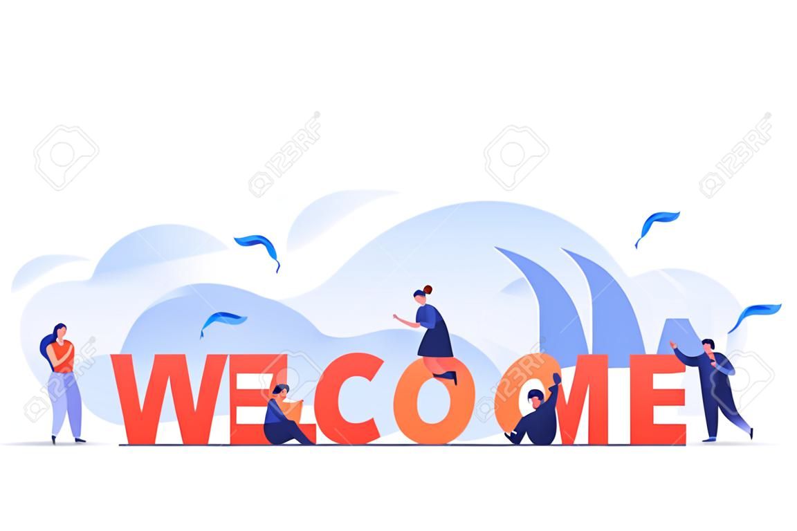 Happy tiny people near huge welcome word flat vector illustration. Cartoon office team members celebrating and greeting together. Graphic design for poster and celebration concept