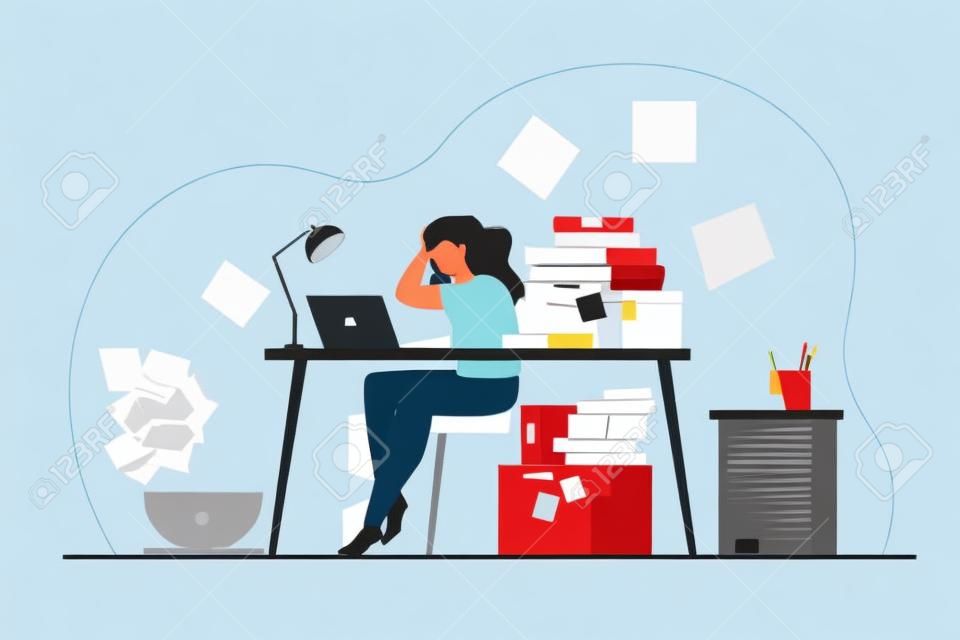Tired overworked secretary or accountant working at laptop near pile of folders and throwing papers. Vector illustration for stress at work, workaholic, busy office employee concept