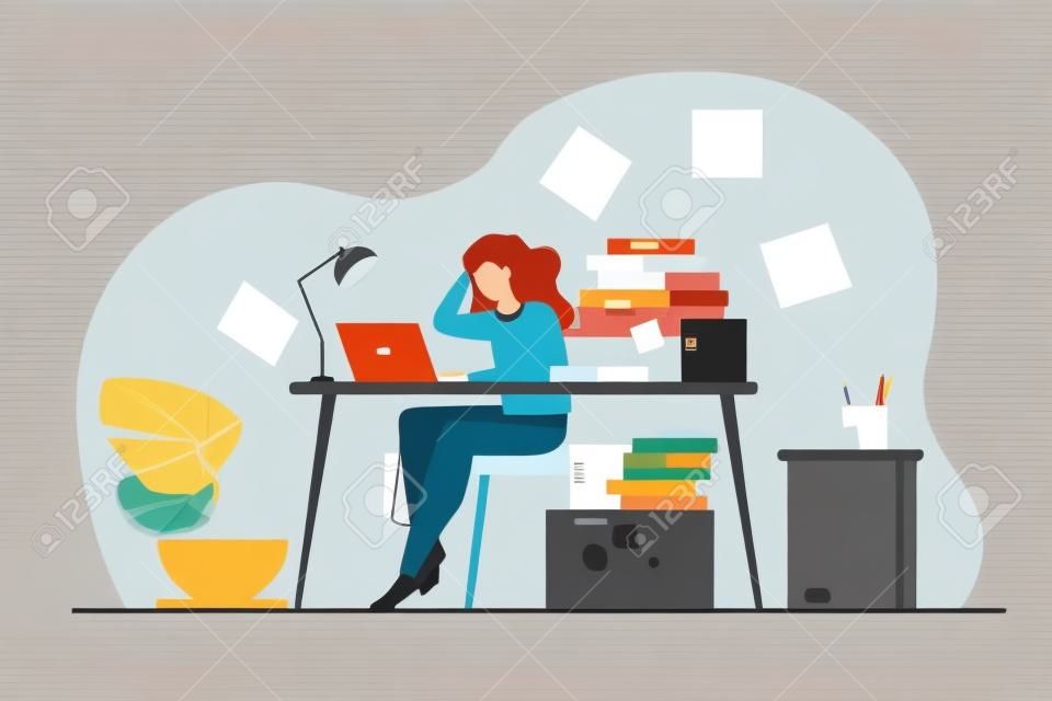 Tired overworked secretary or accountant working at laptop near pile of folders and throwing papers. Vector illustration for stress at work, workaholic, busy office employee concept
