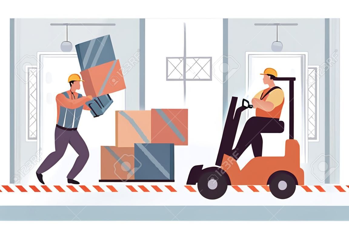 Warehouse accident flat vector illustration. Cartoon employee carrying box, getting injured in collision with forklift operated by another worker. Factory, risk, insurance, compensation concept