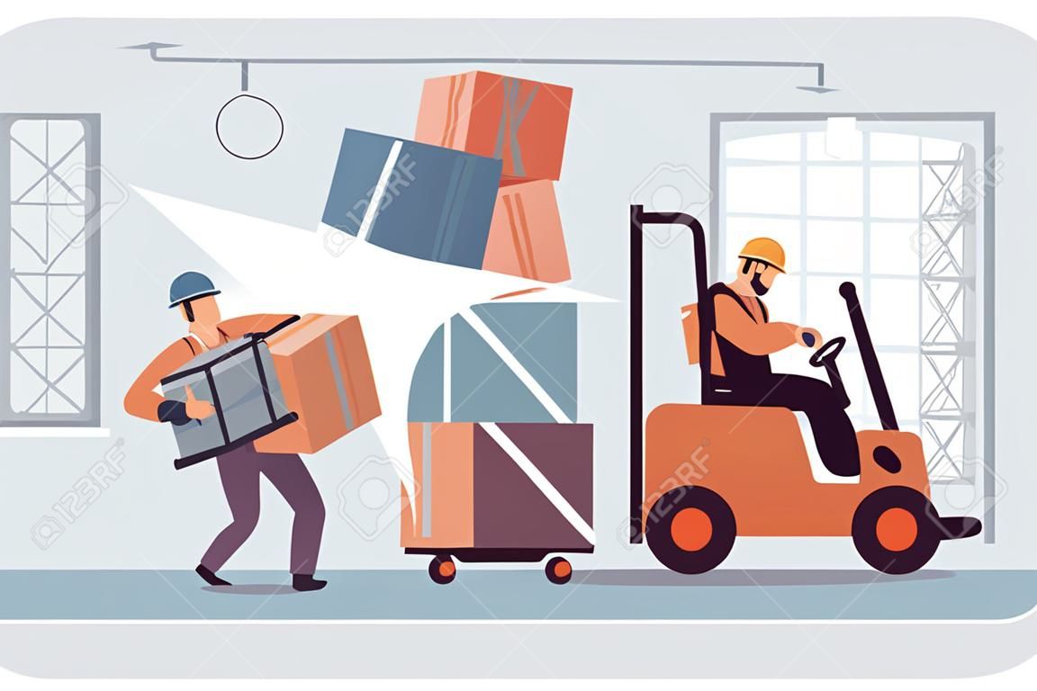Warehouse accident flat vector illustration. Cartoon employee carrying box, getting injured in collision with forklift operated by another worker. Factory, risk, insurance, compensation concept