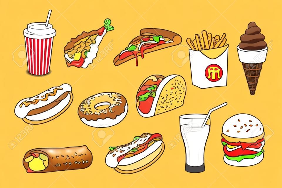 Ensemble d'illustrations réalistes de dessins animés de restauration rapide. délicieux hamburger, tranche de pizza, taco, soda, cornet de crème glacée, pommes de terre frites, beignet délicieux et cuisse de poulet. malbouffe, concept de régime alimentaire malsain