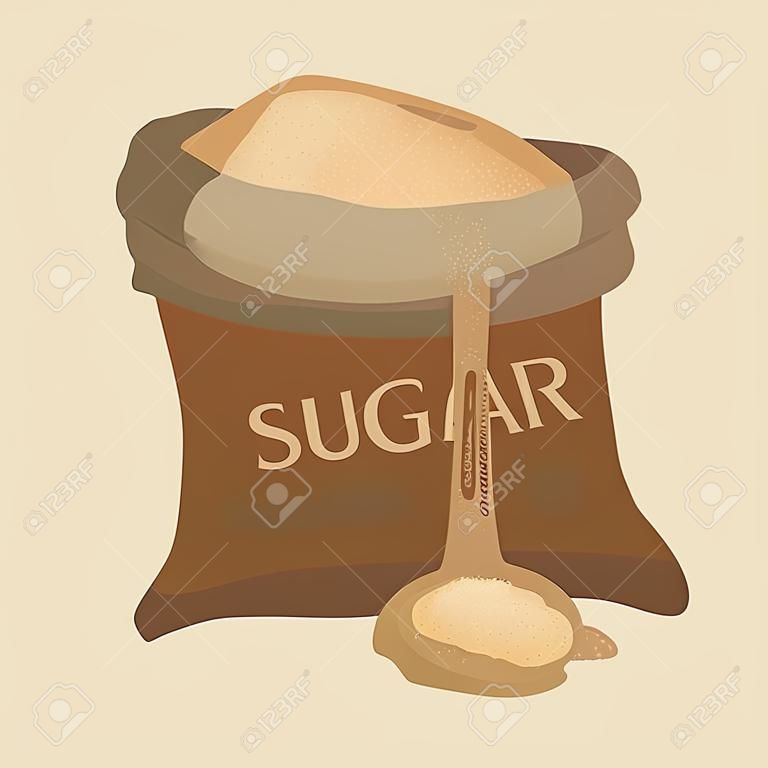 Sachet de cassonade granulée. sac plein de sucre avec étiquette dessus. illustration vectorielle isolée sur fond blanc. aliments sucrés, concept de saccharose.
