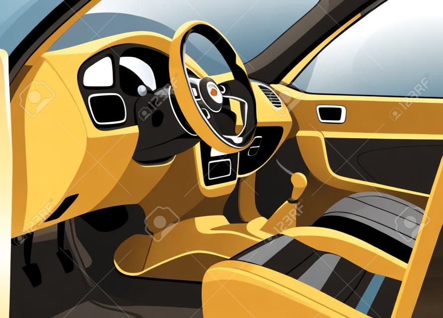 Ilustração vetorial de um interior de carro esporte. Vista da porta aberta