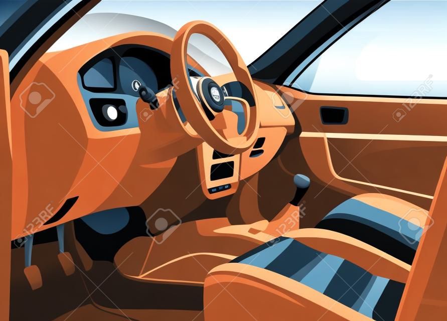 Vektoros illusztráció egy sport autó belsejét. Kilátás a nyitott ajtón