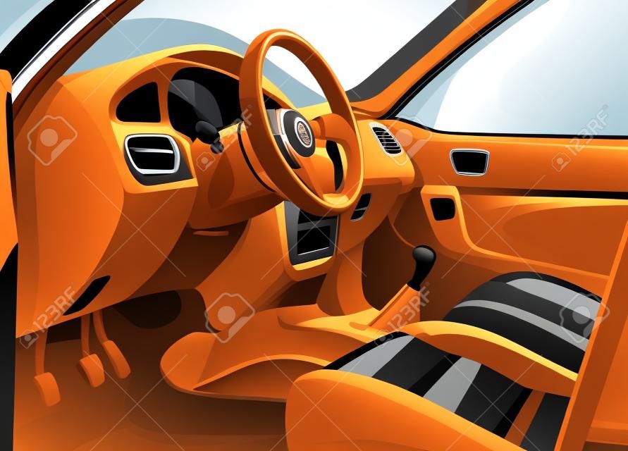 Ilustração vetorial de um interior de carro esporte. Vista da porta aberta
