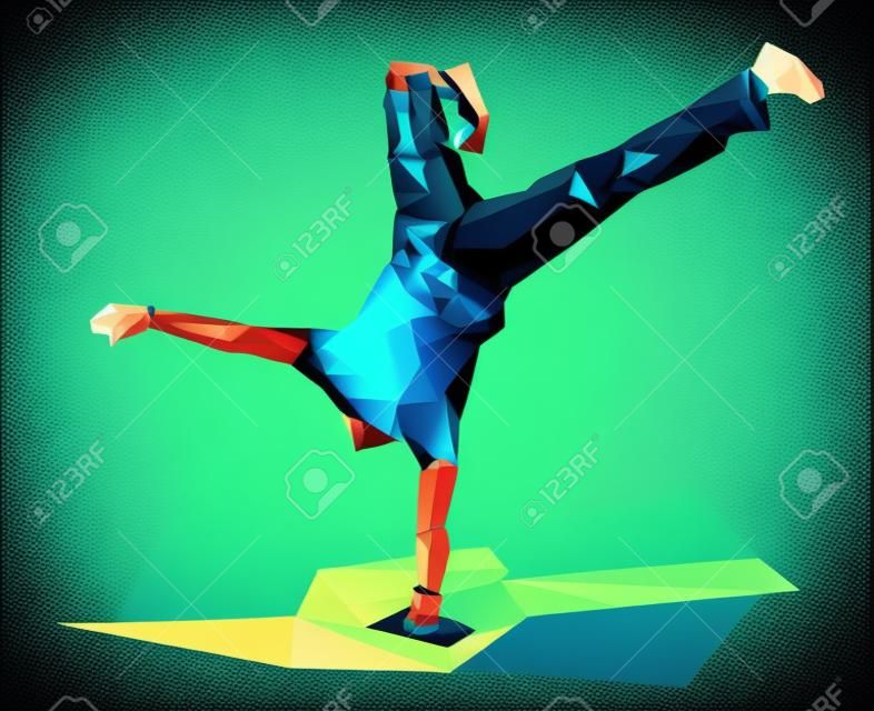vector  illustration in polygonal style of a guy dancing break-dance