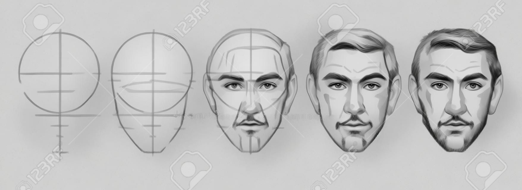 Step by step drawing tutorial of male portrait. Vector illustration.