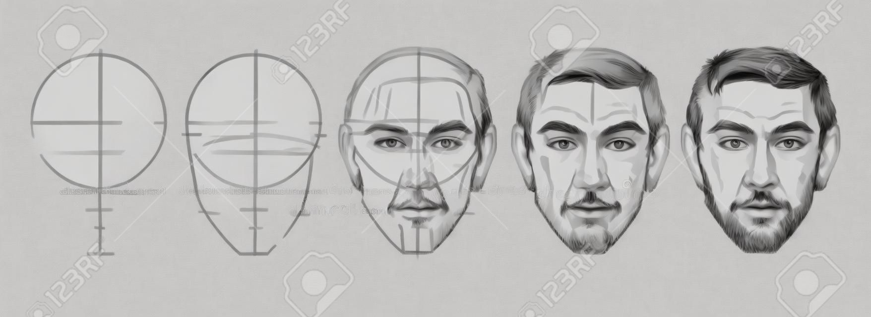 Step by step drawing tutorial of male portrait. Vector illustration.