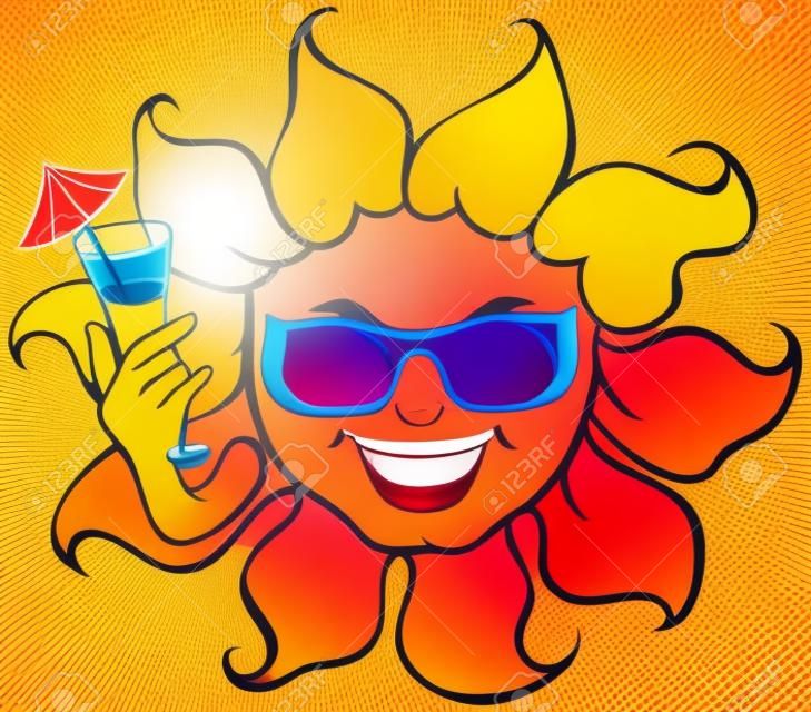 Smiling sun with sunglasses a drink