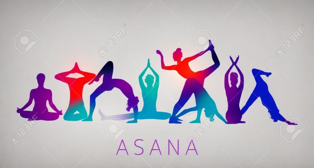 Kleurrijke meisje silhouetten in yoga poses op witte achtergrond.