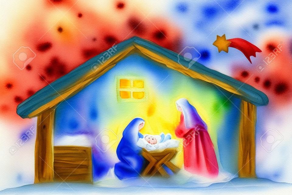 Nightly christmas scenery  mary and joseph in a manger with baby Jesus in the crib, watercolor painting