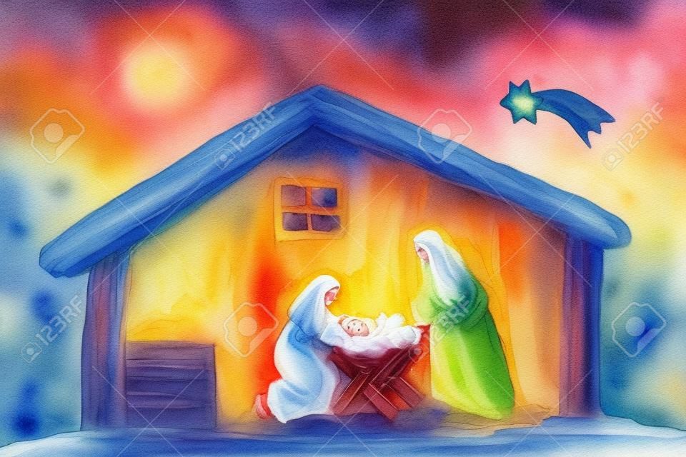 Paisaje María y José por noche de Navidad en un pesebre con el Niño Jesús en la cuna, la acuarela