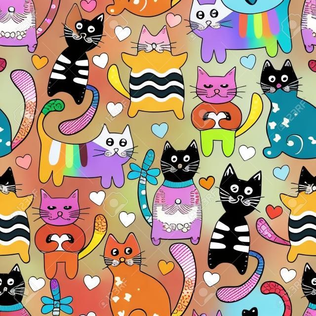 Cartoon seamless multicolored black cats and hearts on a white background