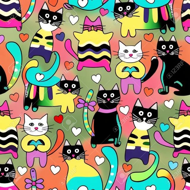 Cartoon naadloze veelkleurige zwarte katten en harten op een witte achtergrond