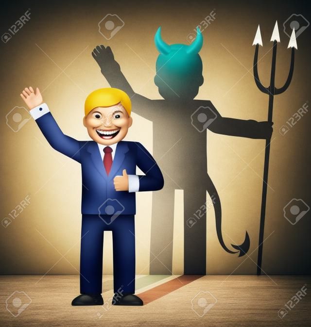 Felice imprenditore sorridente, e sulla parete si può vedere la sua ombra del diavolo con le corna e la coda