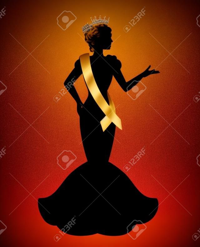 Silhouette einer Schönheitskönigin in der Krone, Band und Abendkleid