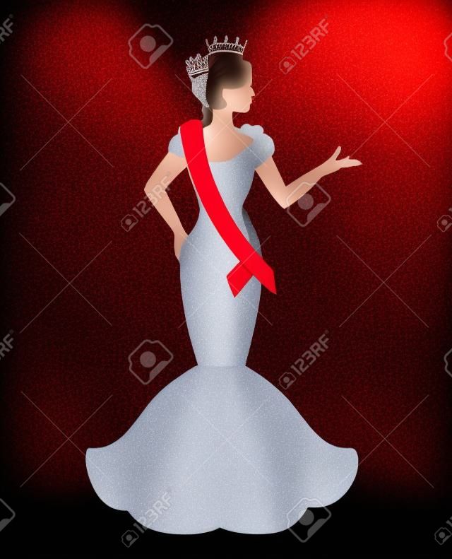 Silhouette einer Schönheitskönigin in der Krone, Band und Abendkleid