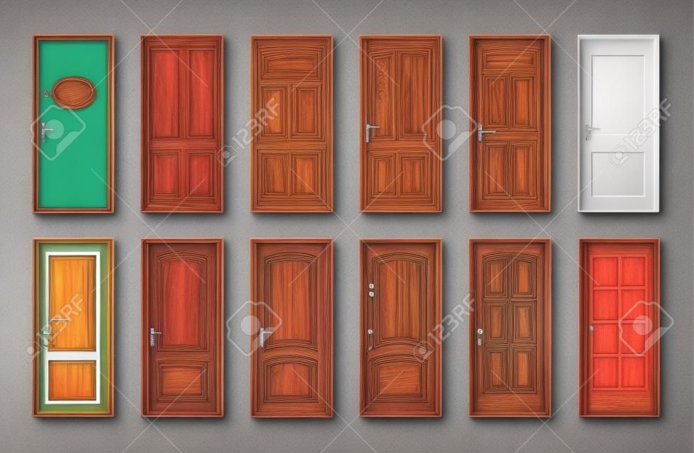 12 Portes en bois colorées. Modèles Collection pour le Web, d'impression et de dessins d'architecture