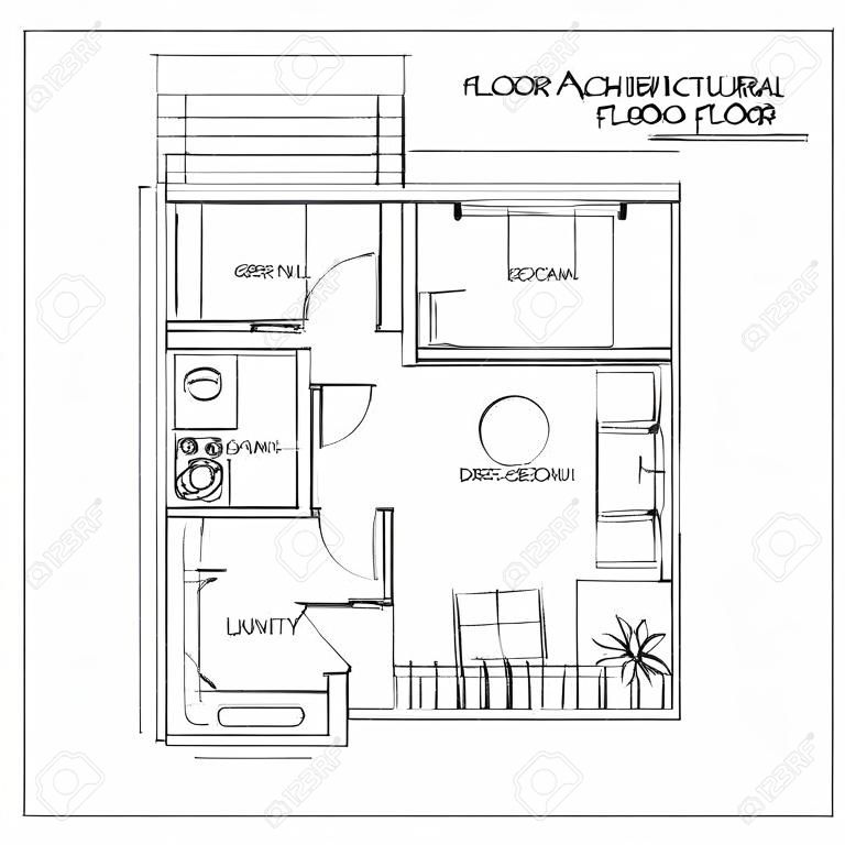 Arquitetônico Mão Drawn Floor Plan.One Bedroom Apartamento