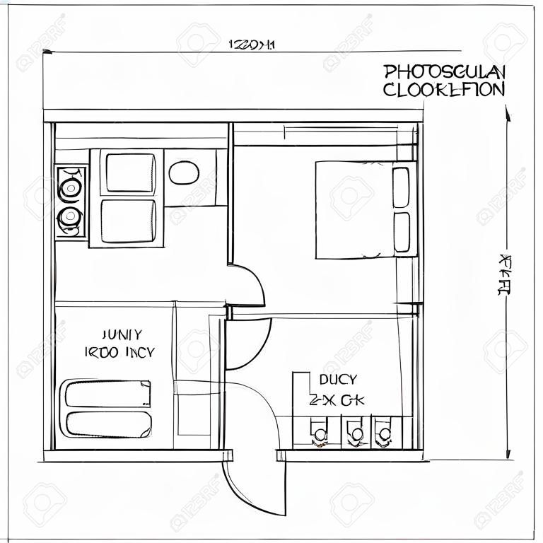 Architectural Hand Drawn Floor Plan.One Bedroom Apartment