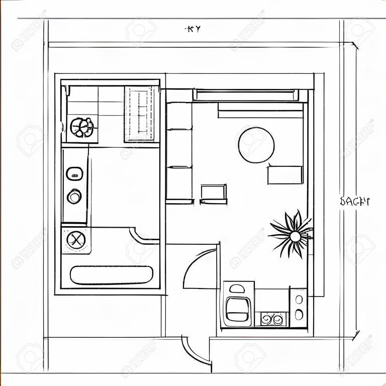 Planimetria disegnata a mano architettonica. Appartamento con una camera da letto
