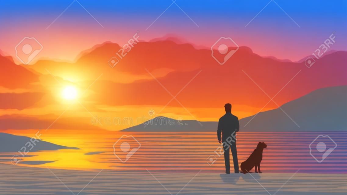 Landschaftsvektorillustration eines Mannes steht beiläufig mit seinem geliebten Hund an der Küste mit einem schönen Sonnenuntergang.