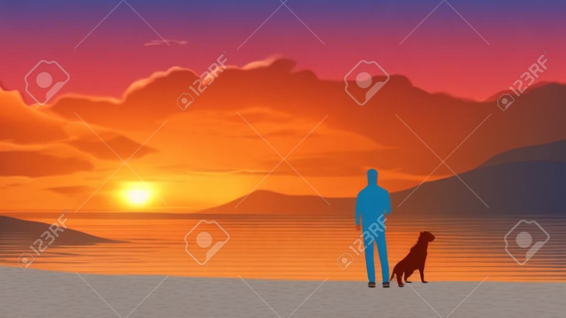 L'illustration vectorielle de paysage d'un homme se tient nonchalamment avec son chien bien-aimé au bord de la mer avec un beau coucher de soleil.