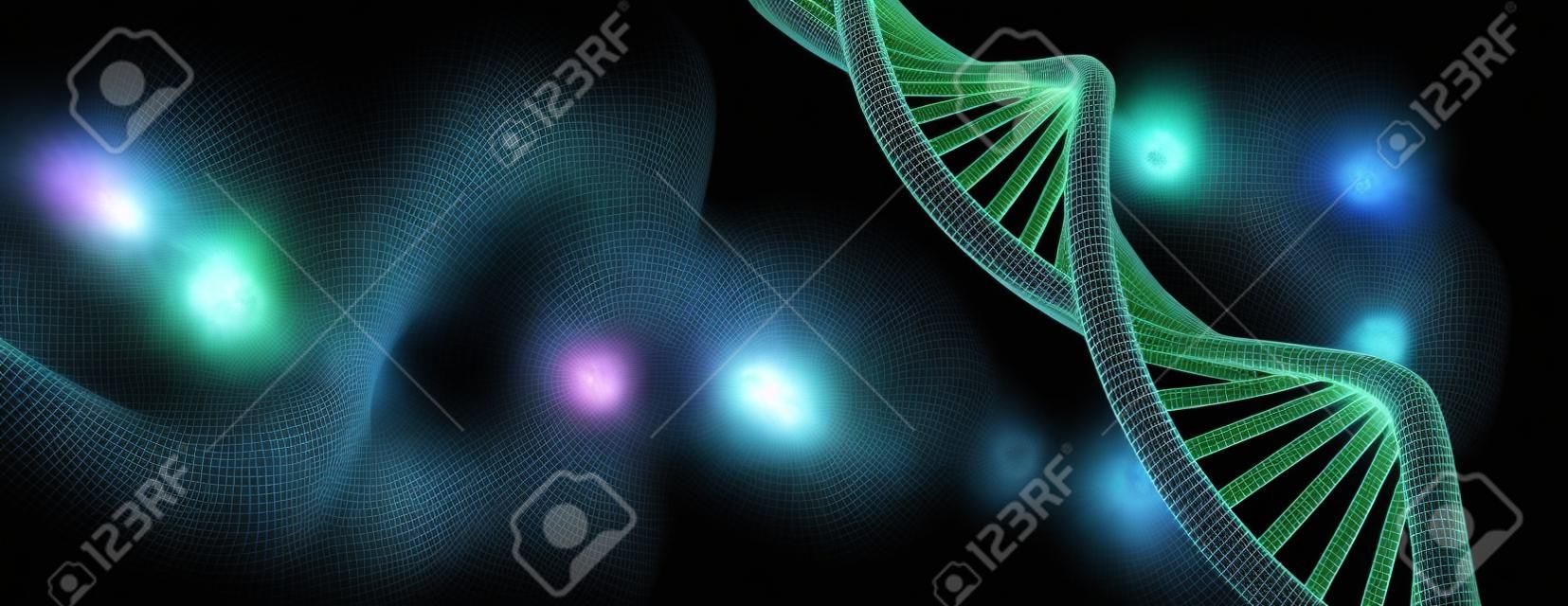 DNA molecule spiraalstructuren donkere achtergrond. Biologie, wetenschap en medische technologie concept. 3D illustratie