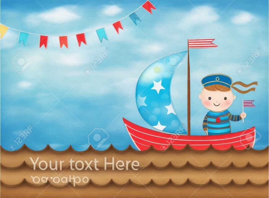 Belle carte de voeux avec garçon, bateau et la mer.