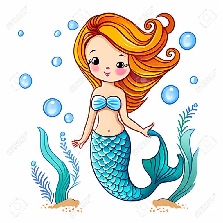Sea collection, Mermaid. Cute swimming cartoon mermaid. Mermaid in vector illustration.