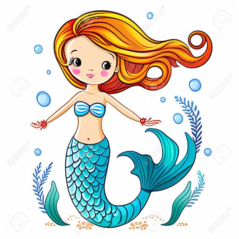 Sea collection, Mermaid. Cute swimming cartoon mermaid. Mermaid in vector illustration.