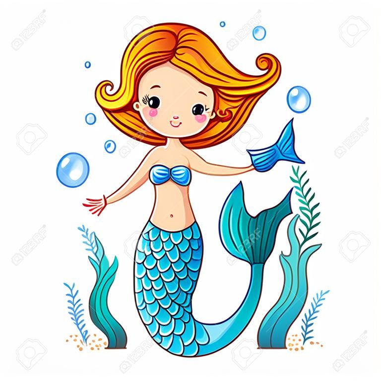 海洋收集美人鱼可爱游泳卡通美人鱼美人鱼矢量插图