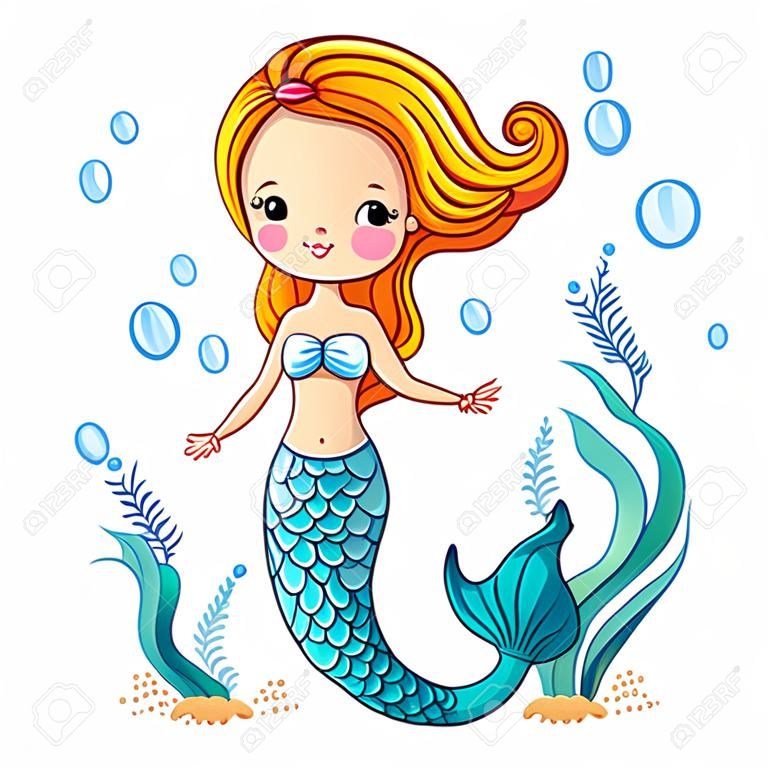 海收集，美人魚。可愛的卡通游泳的美人魚。美人魚的矢量插圖。