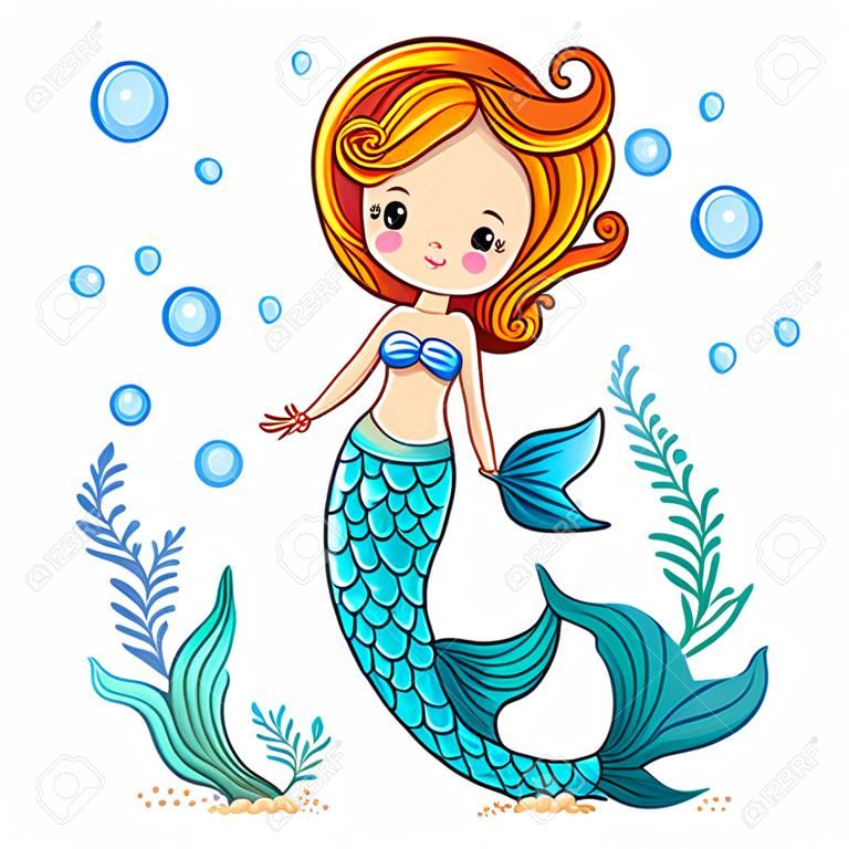 colección de mar, sirena. sirena linda natación de dibujos animados. Sirena en la ilustración vectorial.
