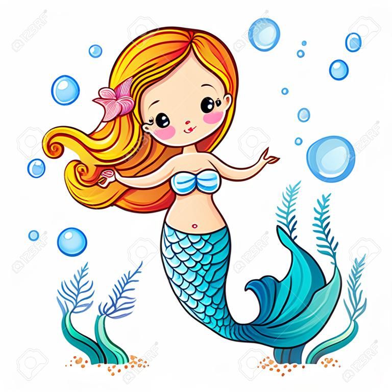 collezione Mare, Mermaid. Cute sirena nuoto cartone animato. Mermaid in illustrazione vettoriale.