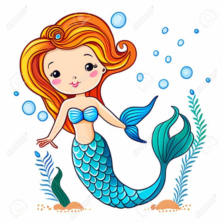 海收集，美人魚。可愛的卡通游泳的美人魚。美人魚的矢量插圖。