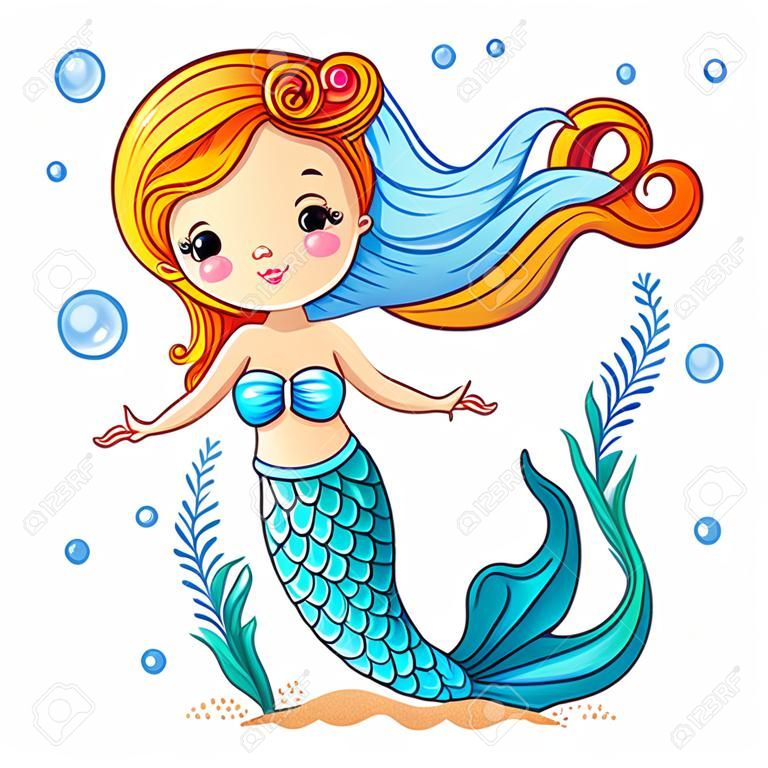 Seesammlung, Mermaid. Nette Schwimmen Cartoon Meerjungfrau. Mermaid in Vektor-Illustration.