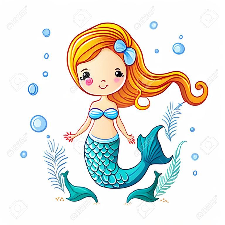 collezione Mare, Mermaid. Cute sirena nuoto cartone animato. Mermaid in illustrazione vettoriale.