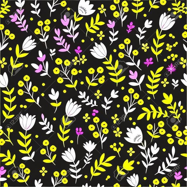 Vector seamless illustration with wild flowers and tulips. Floral pattern.