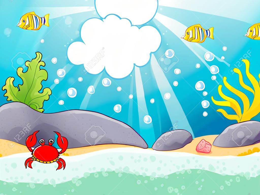 Fondo del mar. Ilustración del vector en un estilo de los niños en el tema marina con el espacio para el texto. Fondo del mar.