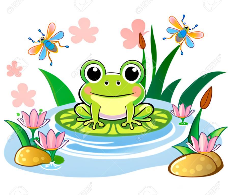 La rana si siede su una foglia nello stagno. Illustrazione vettoriale in stile bambino. Lago con insetti e animali.