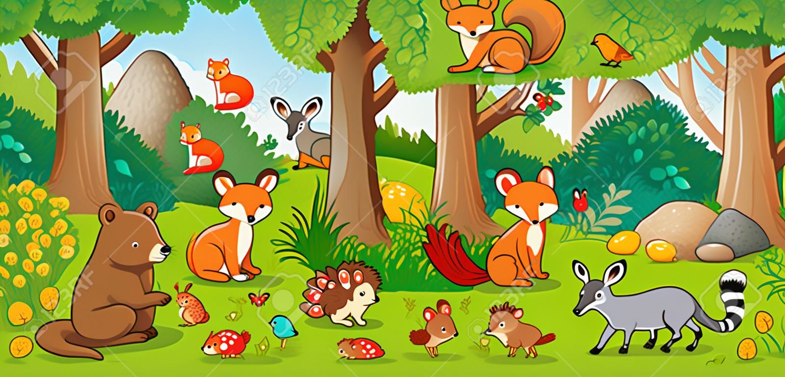 Ilustración de vector con lindos animales del bosque en estilo infantil. Un conjunto de mamíferos en el bosque. Colección al estilo infantil.